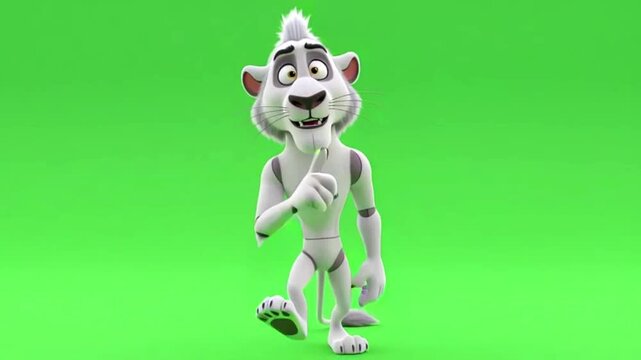 Funny White Lion 3D Cartoon Character Walking with Raised Eyebrows on Bright Green Screen Background
