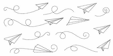 Collection of hand drawn paper airplanes and swirling flight paths © Ratan