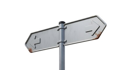 A blank metal signpost pointing in two different directions on transparent background