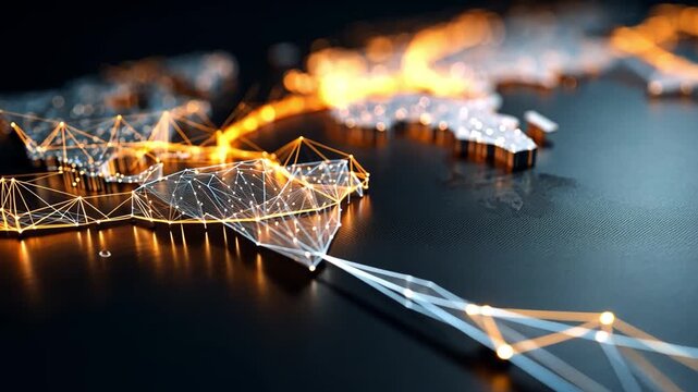 Digital Map with Network Connections and Glowing Data Points