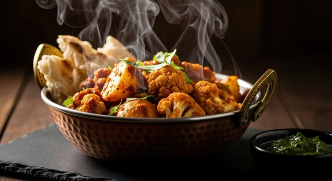 Authentic Punjabi Aloo Gobi vegan curry with cauliflower and potatoes in a traditional copper kadai bowl