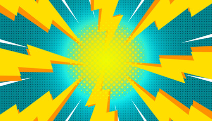 Fototapeta premium Sunbeam blue sky yellow thunder spark comic with halftone glow modern pop art abstract background