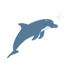 Obraz premium Cute cartoon dolphin with bubbles isolated on light background. Simple marine vector illustration perfect for kids design, nursery decor, summer prints and ocean themed projects.