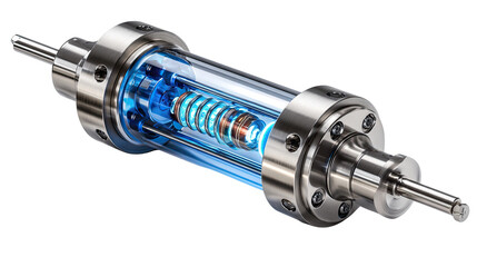 Futuristic Engineering: A close-up view of an intricate industrial component, showcasing advanced technology. with gleaming metal, and internal mechanisms illuminated