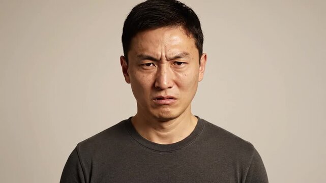 A man with short black hair and a dark gray T-shirt displays a sequence of facial expressions ranging from confusion, concern, to frustration against neutral backgrounds in a grid format.