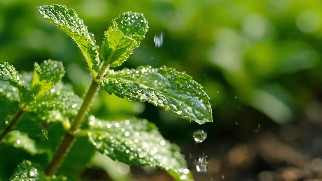 Closeup of fresh mint leaves glistening with water droplets in sunlight.