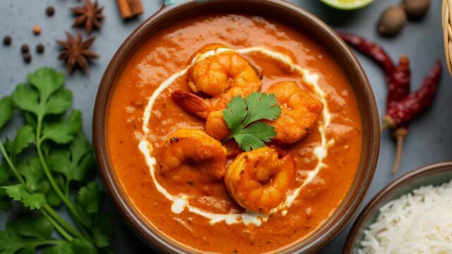 Overhead sequence of a shrimp curry bowl with rice and naan, slowly pushing in from wide to tight closeup. creamy tomato coconut sauce garnished with cilantro, parsley, lime and whole spices.