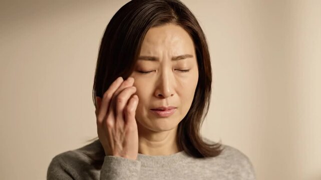 A woman experiences emotional distress, crying, and facial expressions of sadness or pain, ultimately looking concerned or worried.