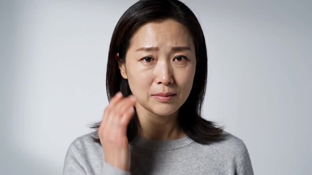 Sequence shows a woman experiencing emotional pain, starting with sadness, then wiping tears, touching her face, and expressing distress, ultimately appearing resigned or tearful.