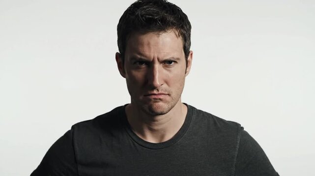 A man with dark hair and a serious expression in a black t-shirt, shown repeatedly in a grid for frames 1-8 of a video, with variations in facial expression from neutral to intense.