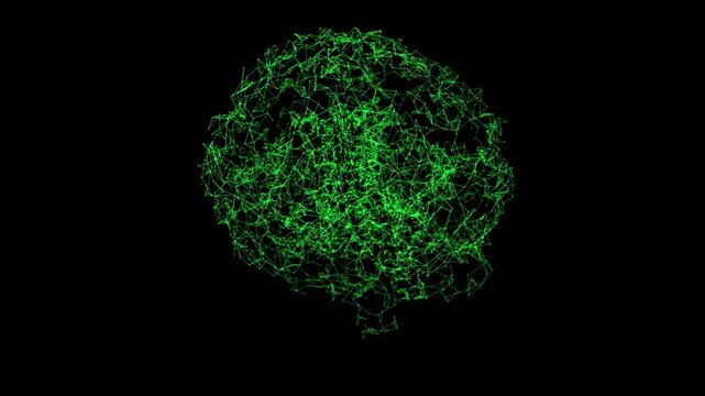 Artificial Intelligence Neural Network - Green connected  lines and dots brain on black background 4K seamless loop	