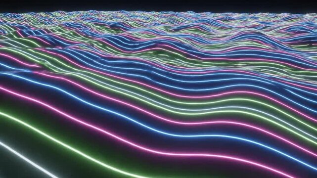 Abstract waves of colorful neon lights create a futuristic and flowing visual background pattern