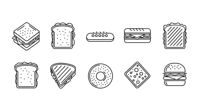 Sandwich Fast Food Line Icons Set with Burger Bagel Toast and Sub Sandwich