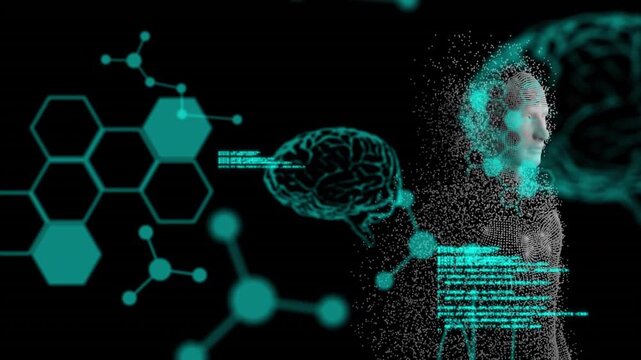 Animation of diverse data processing over human models on black digital background