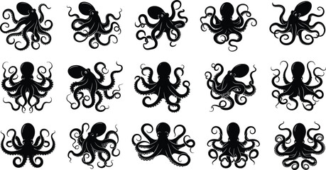 Octopus vector set, detailed octopus silhouettes with flowing tentacles marine sea creature collection black ink style illustration pack © Shahanaj