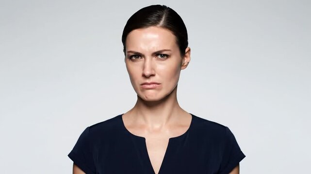 A woman shows a progression of facial expressions from neutral to angry, emphasizing changes in mood, with her lips pressed and eyebrows furrowed, against a plain light background.