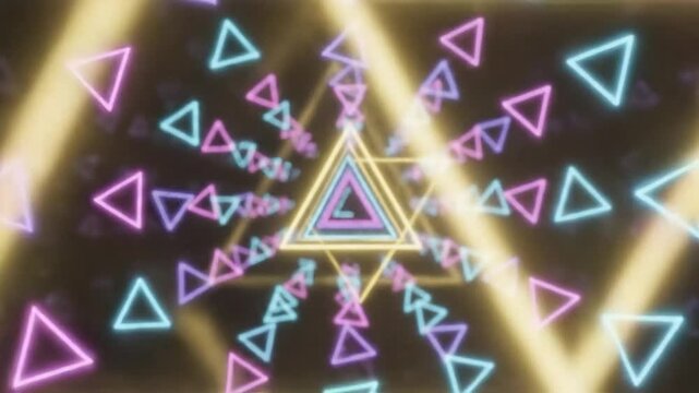 Abstract neon geometric shapes with tunnel effect, futuristic retro background, and glowing triangle tunnel.