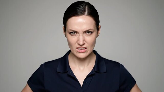A woman displays various angry facial expressions, transitioning from slight frustration to intense anger against a plain background. Emphasizes tension, fury, emotion, facial tension, distress, anno