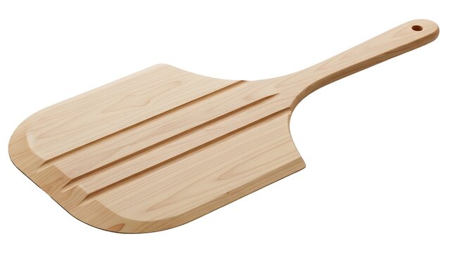 A wooden pizza peel on a transparent background for kitchen use