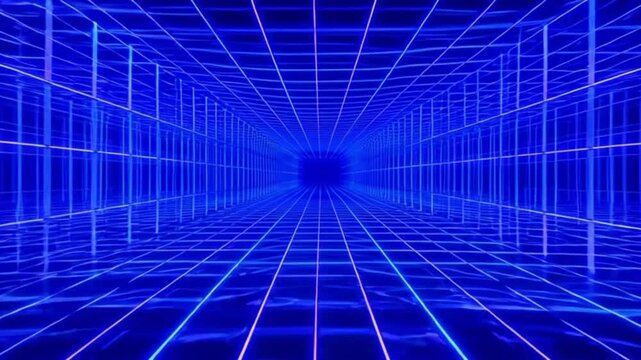 Dynamic abstract blue grid tunnel, a digital pathway evoking futuristic technology and virtual reality, extending into an infinite cyberspace