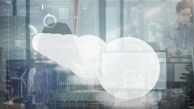 Animation of digital screen with white shape over diverse buisnesspeople in face masks