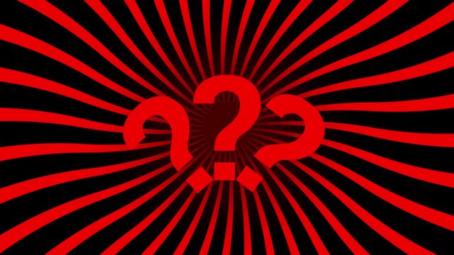 A striking red question mark dominates a black and red radial burst