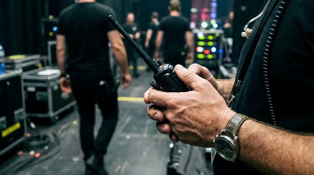 Close-up on a security guard's hand holding a walkie-talkie in a backstage area with other people and equipment in the background, suggesting event security or crowd control operations