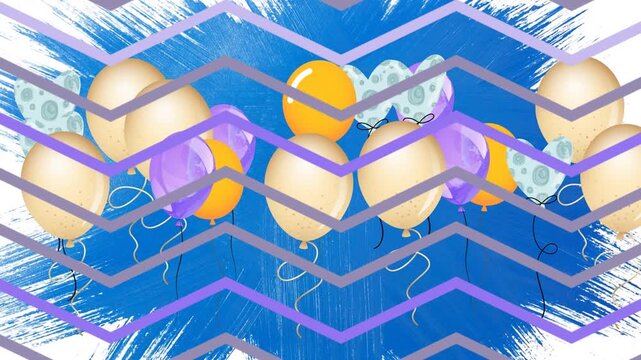 Animation of violet chevron over yellow balloons on blue background