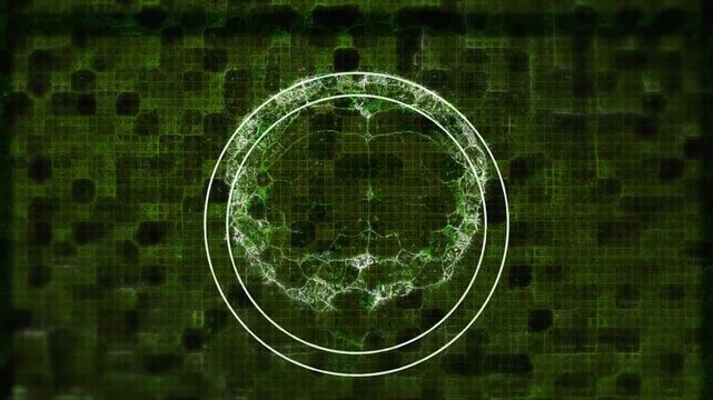 Animation of digital human brain with circles and technical glitch over abstract background