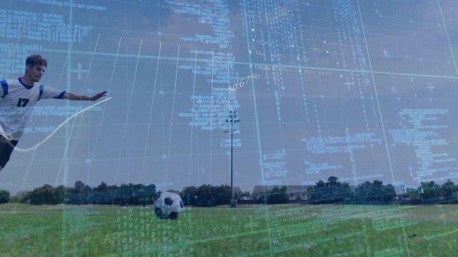 Animation of data processing and statistics over caucasian football player on pitch