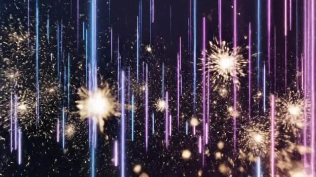 Abstract background animation with colorful vertical neon lines and shimmering fireworks bursting in space