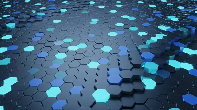 Abstract futuristic hexagonal surface with blue and teal illuminated tiles, technology background