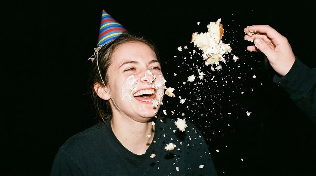 Candid direct flash snapshot freezing mid-air cake fight at a wild birthday party.