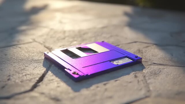 Purple Floppy Disk on Stone Surface.