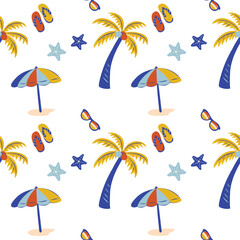 Colorful tropical beach seamless pattern with coconut tree,umbrella,flip flop, sunglass,starfish background. Summer coastal vector illustration design for summer, holiday, vacation,fabric, wallpaper. © Cozy Wind Design