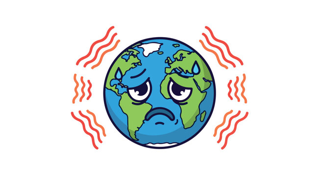 Cartoon illustration of a distressed Earth with a frowning face and sweat lines on a plain white background.