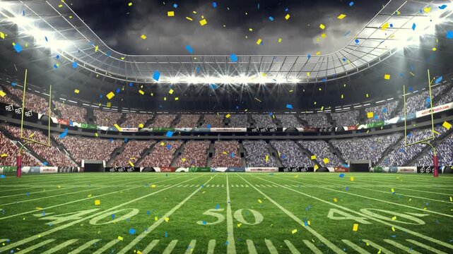 Animation of confetti falling against view of rugby sports stadium
