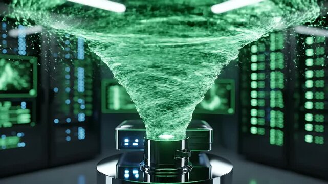 A glowing green data stream emerges from a cylindrical device in a server room
