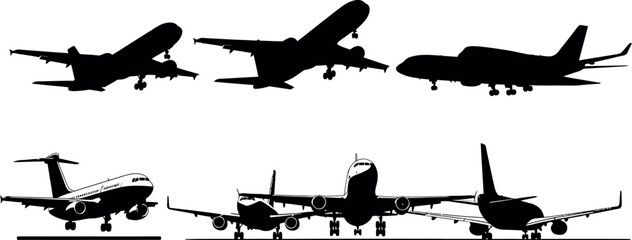 Airplane silhouettes in various positions and angles © MSTNAZIA