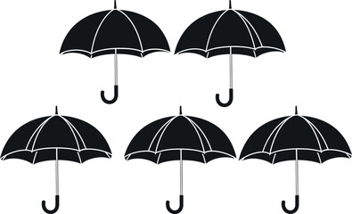 Obraz premium Five black classic umbrellas with white trim on a white background