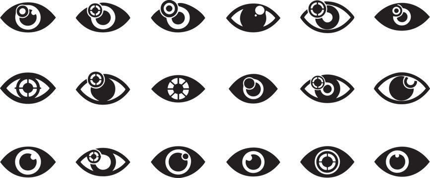 Black and white of various stylized human eyes with different iris and pupil stylized eyes symbols