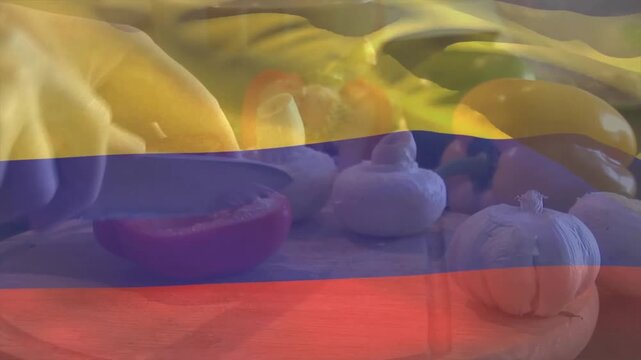 Animating Colombian flag over vegetables on wooden cutting board