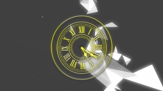 Animation of clock with Roman numerals surrounded by glowing particles and shapes