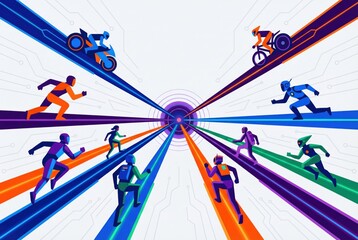 Dynamic race towards a digital future showcasing diverse athletes on a vibrant gradient backdrop symbolizing competition innovation and technological advancement