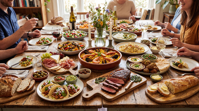 A long wooden table laden with a feast of diverse dishes including paella roasted meat tacos and charcuterie set for a meal with people visible
