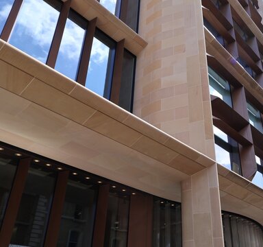 Modern exterior architecture of a building showing the facade of the Bloomberg European Headquarters in London
