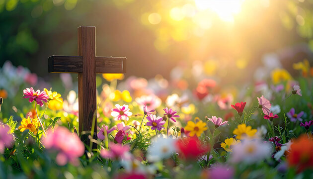 Wooden cross standing in colorful spring floral field. Christianity, Easter celebration, faith. Spring season. Religious symbolism
