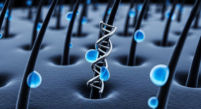 Close up of D N A helix on hair strand with blue liquid droplets image