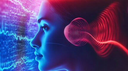 A woman listens to music with headphones as vibrant sound waves intertwine in the air. The colorful lights create a mesmerizing ambiance, filling the space with energy and creativity