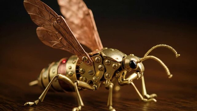 Intricate golden robotic bee sculpture on wooden surface